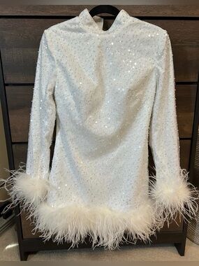 Untamed Petals by Amanda Judge “Chrishell” White Sequin Feather Trim Mini Dress